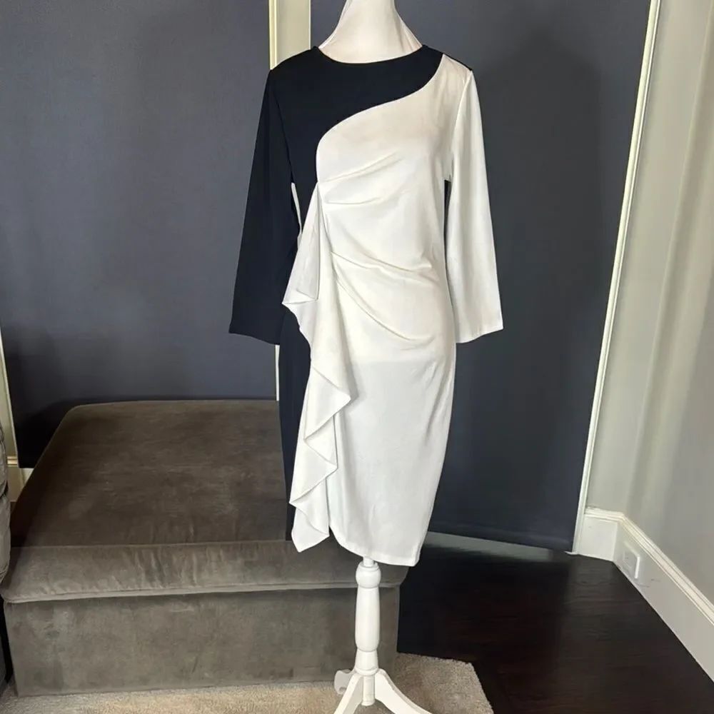 Womens Black & White Asymmetrical Ruffled Front Midi Dress 3/4 Sleeve Size L NEW